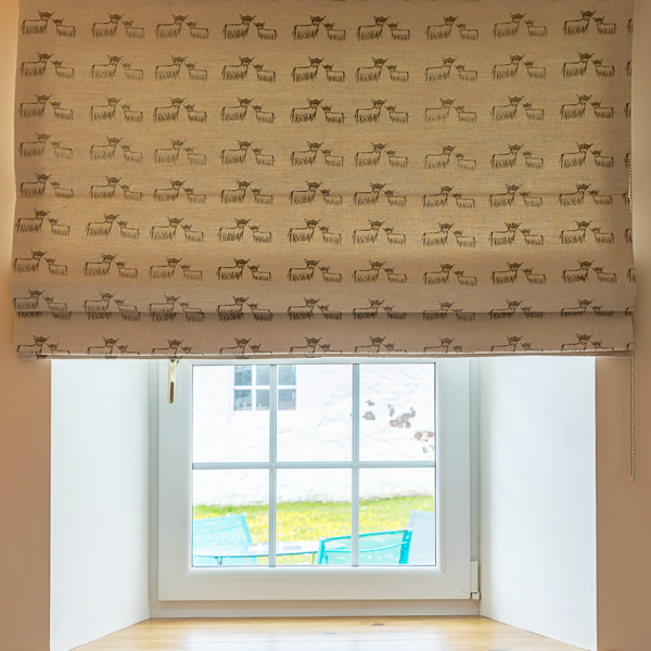 Hand-printed Highland Cow Roman Shades by Clement Design