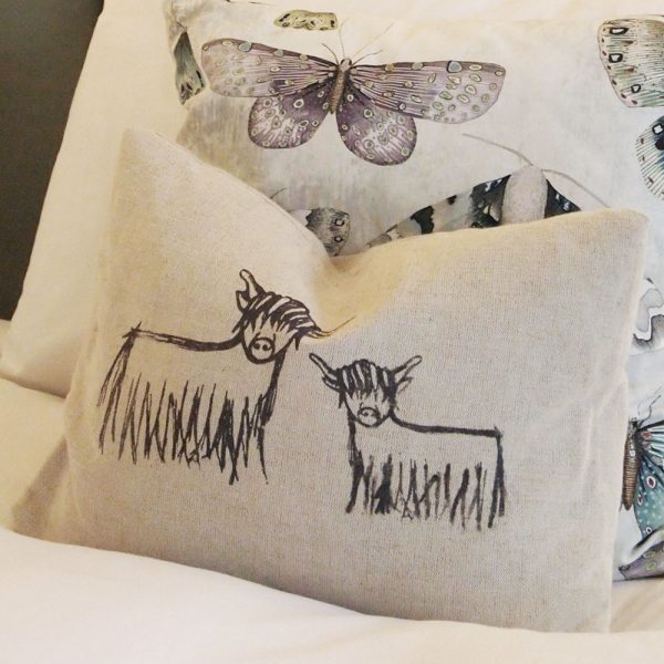 Hand-printed Highland Coo Cushion by Clement Design