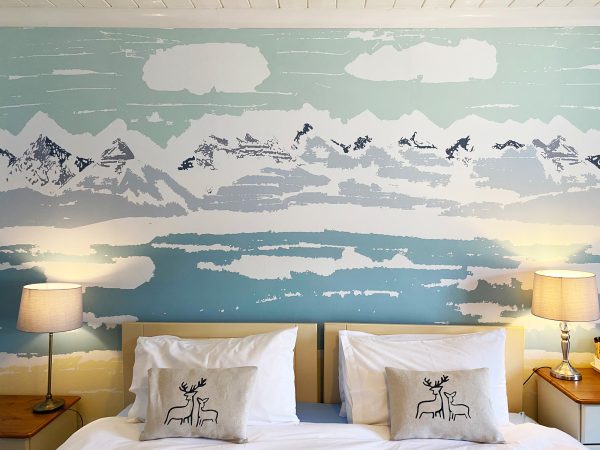 Applecross Bay Mural wallpaper Hand-printed Deer Cushions at Applecross Inn by Clement Design