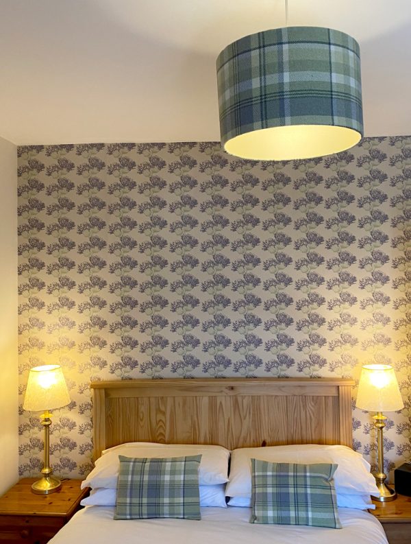 Thistle wallpaper Tartan Shade Cushions at Applecross Inn by Clement Design